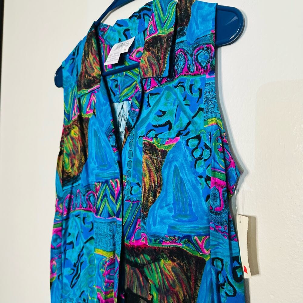 Dahan Blue Purple Funky Design Sleeveless Collared Button Up Tank Top Size M - Picture 9 of 9
